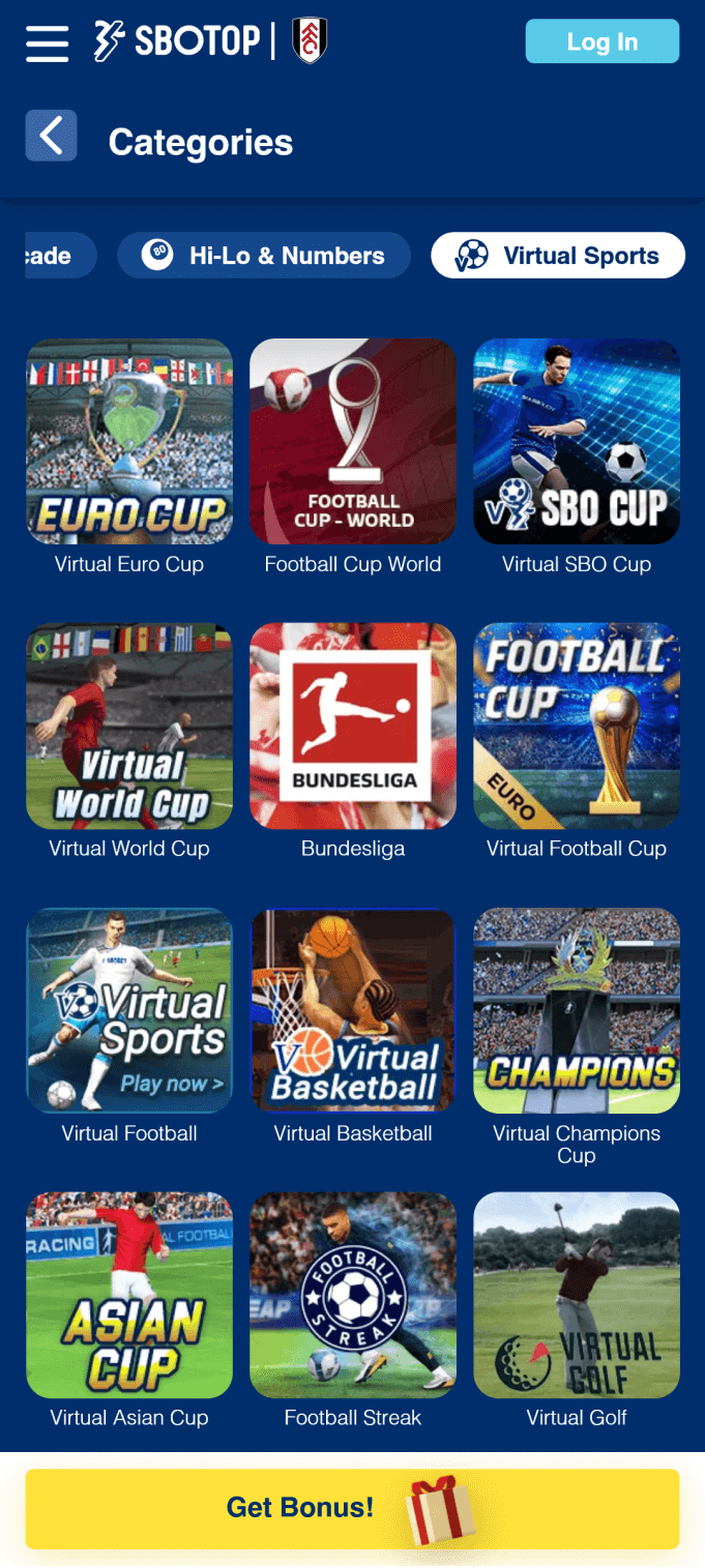 Screenshot of the virtual sports section of the Sbotop app