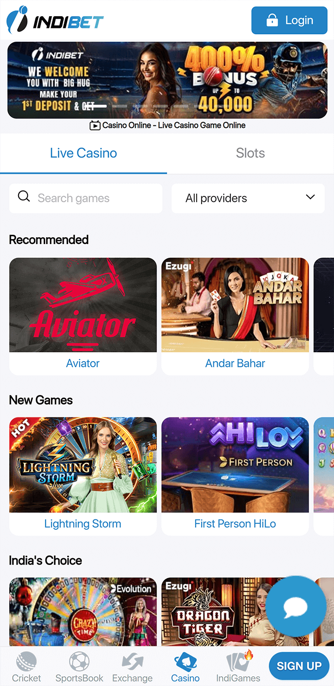 Screenshot of the casino page on the Indibet app