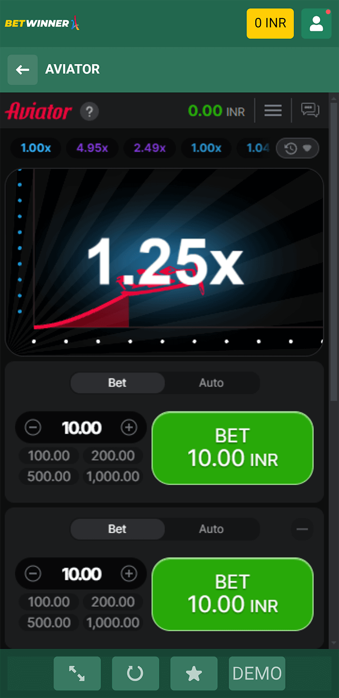 Aviator game main page in the BetWinner mobile app
