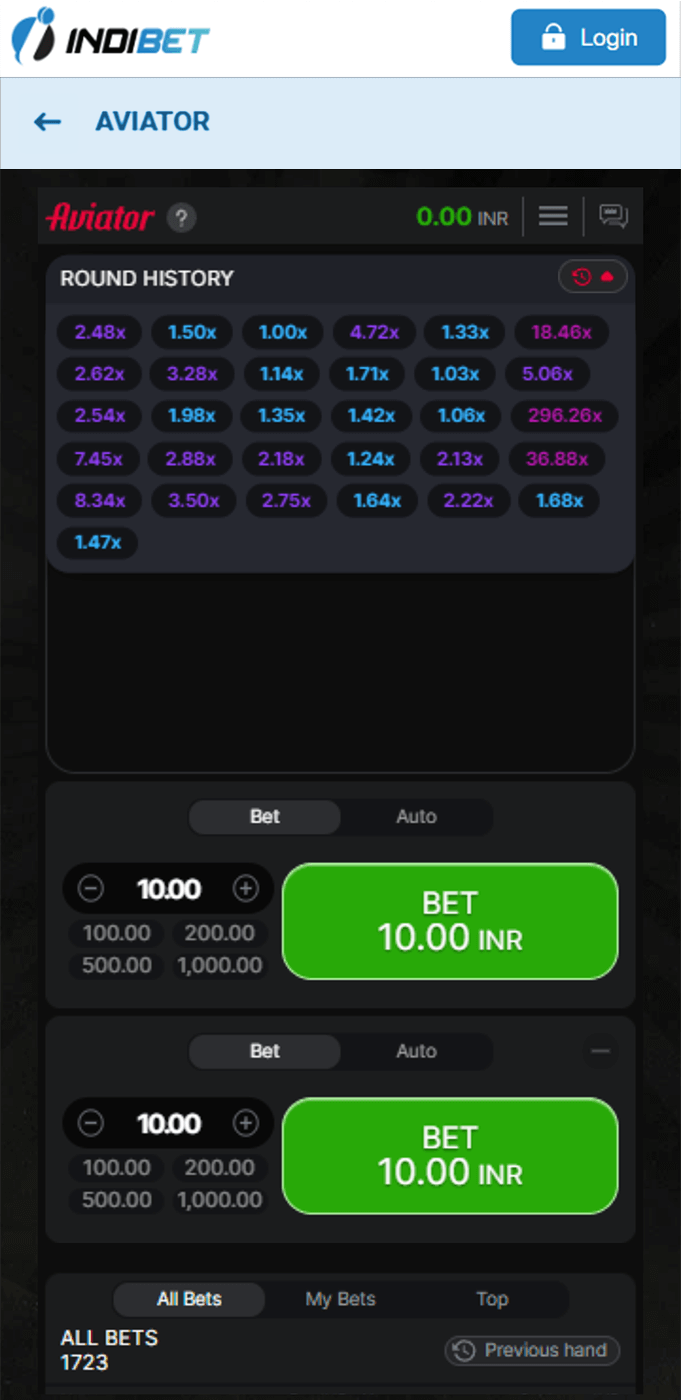 Screenshot with flight history in the Aviator game in the Indibet app