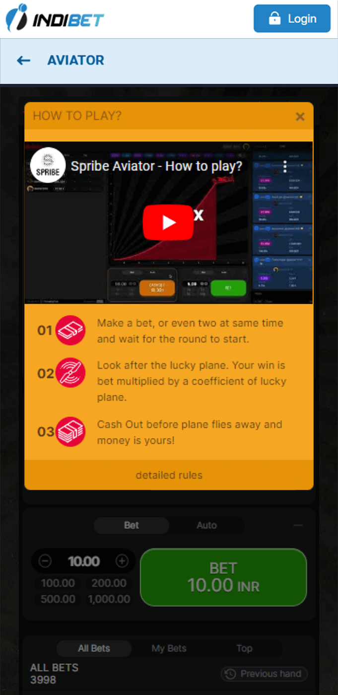 Screenshot of the Aviator game help in the Indibet app