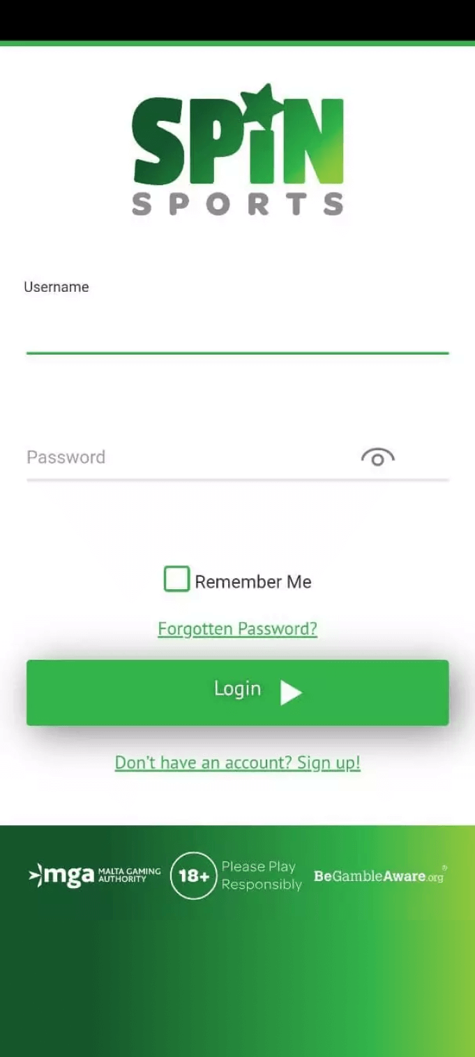 Screenshot of the login page in the Spin Sports app