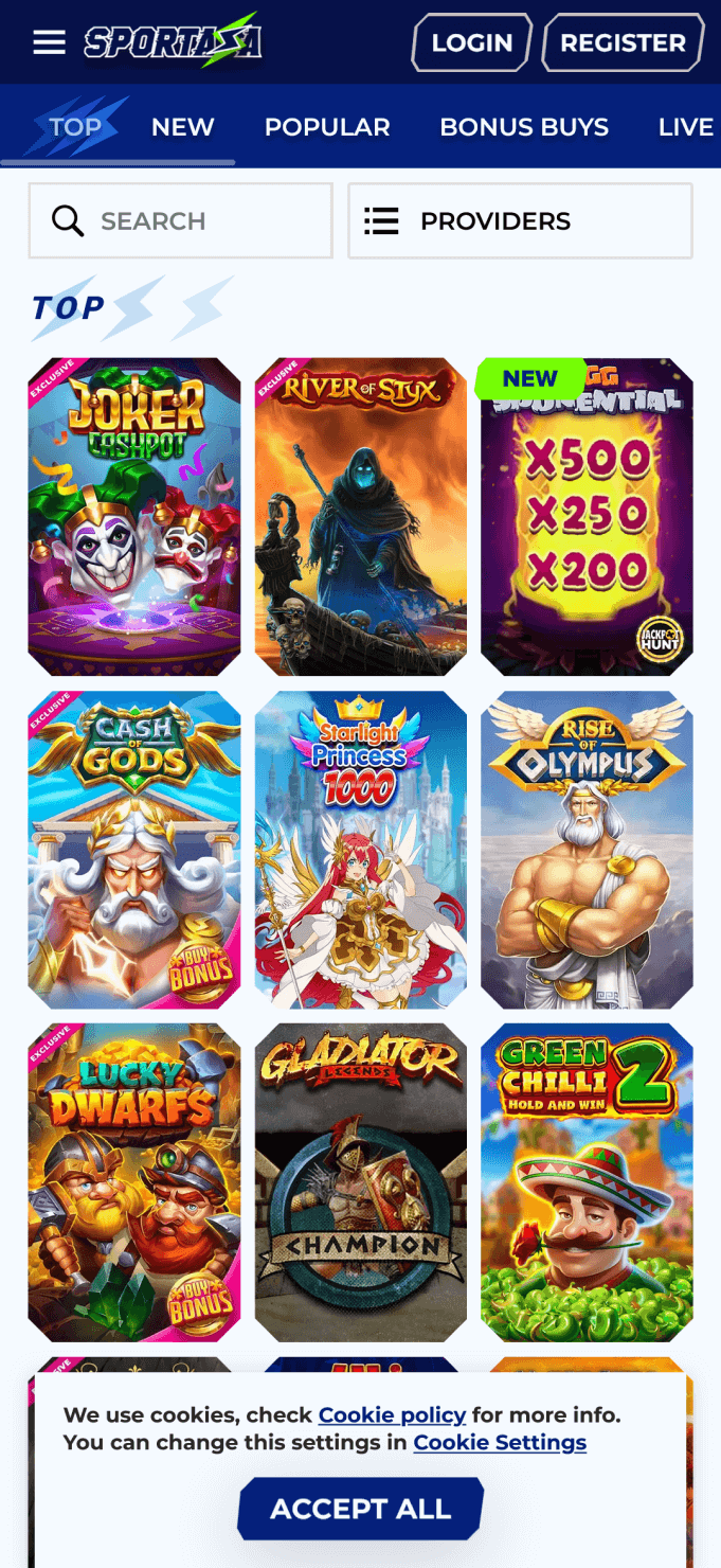 Screenshot of the casino games section of the Sportaza app