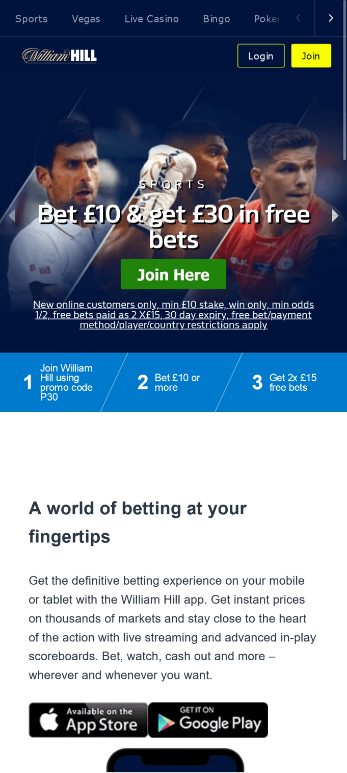 Screenshot of the William Hill app home page