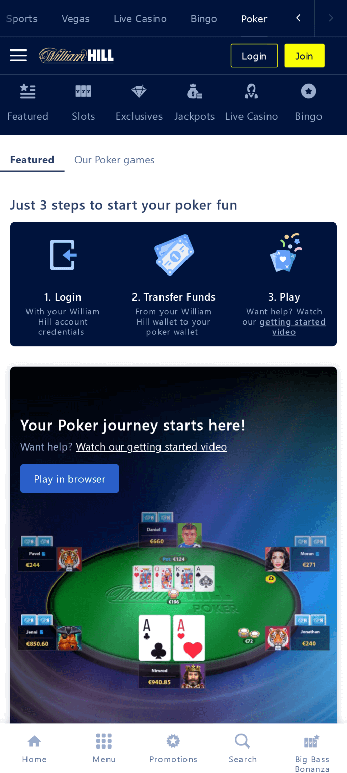 Screenshot of the poker section of the William Hill app