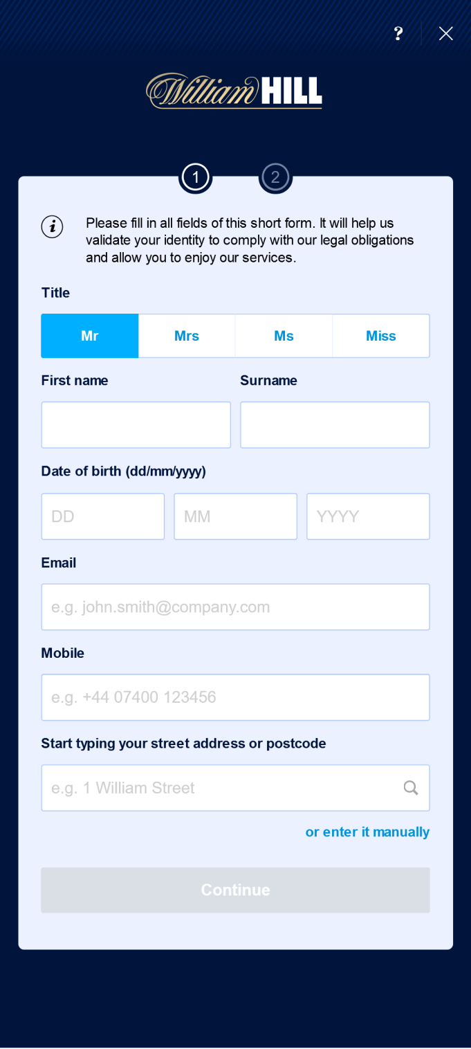 Screenshot of the registration section of the William Hill app