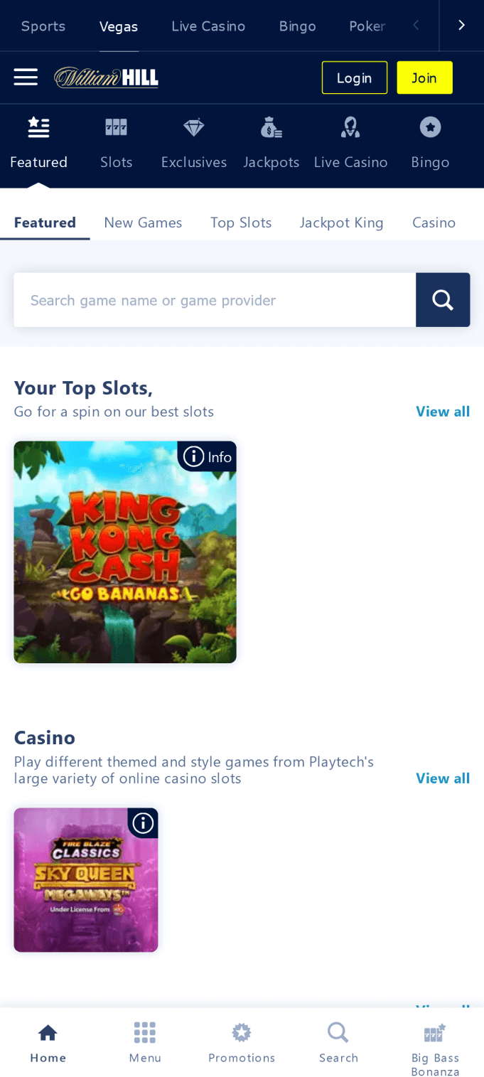 Screenshot of the slots section of the William Hill app