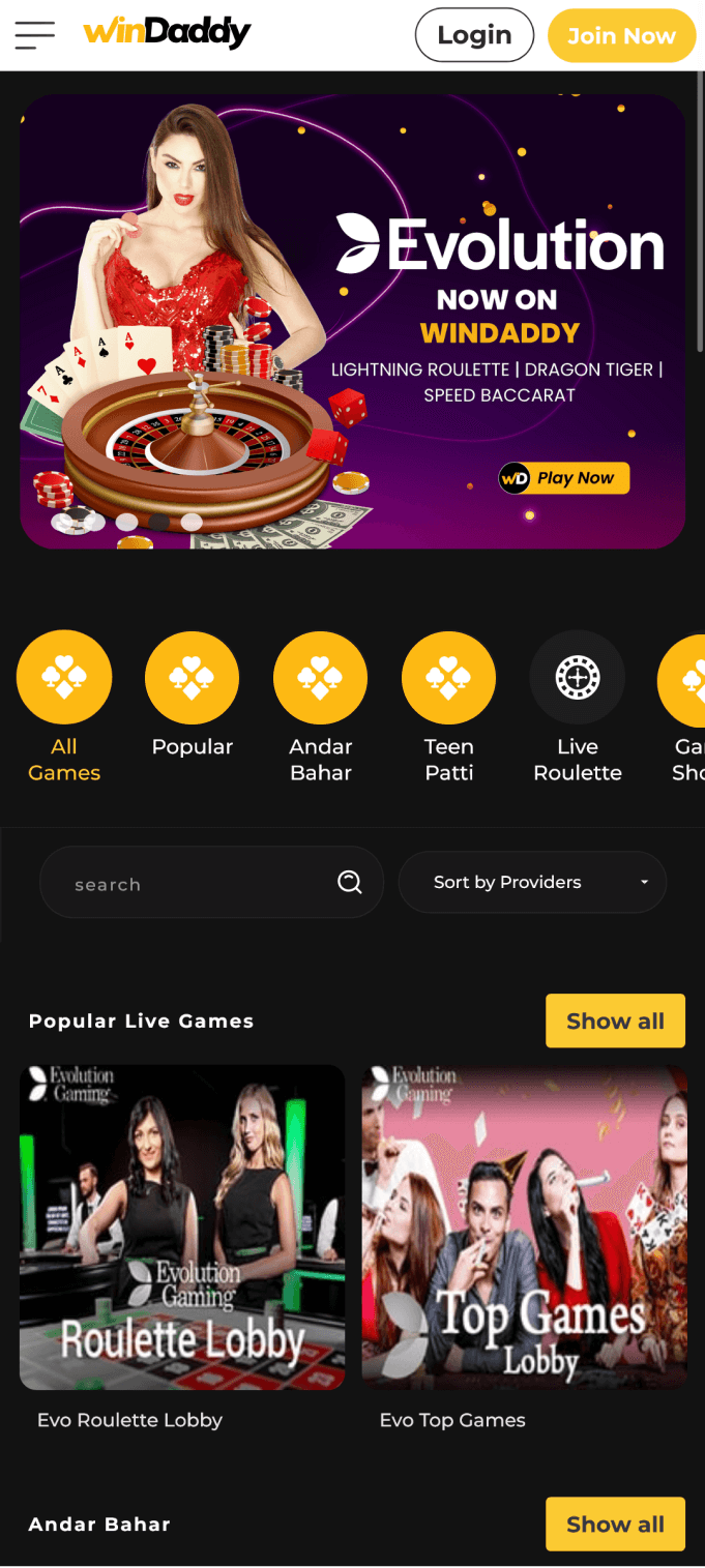 Screenshot of the casino section of the Windaddy app