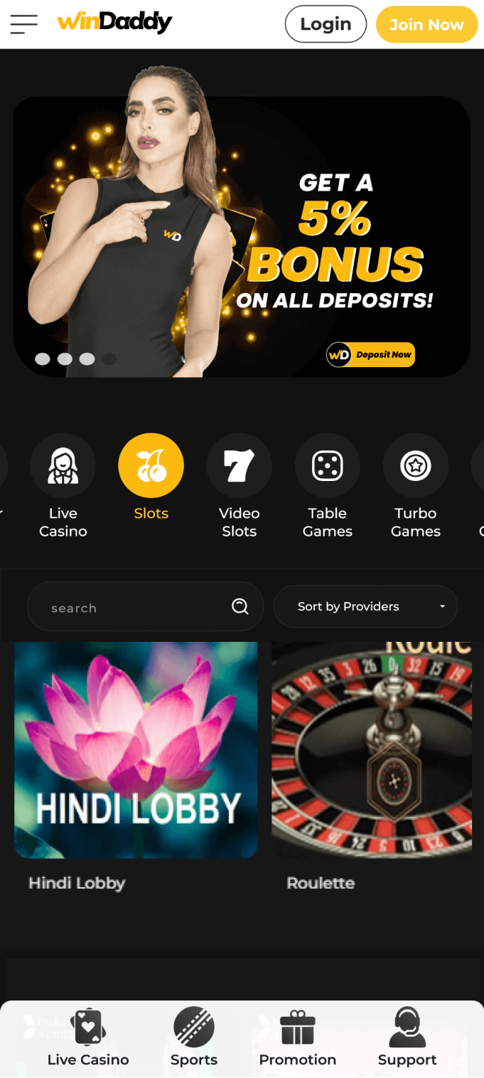 Screenshot of the slots section of the Windaddy app