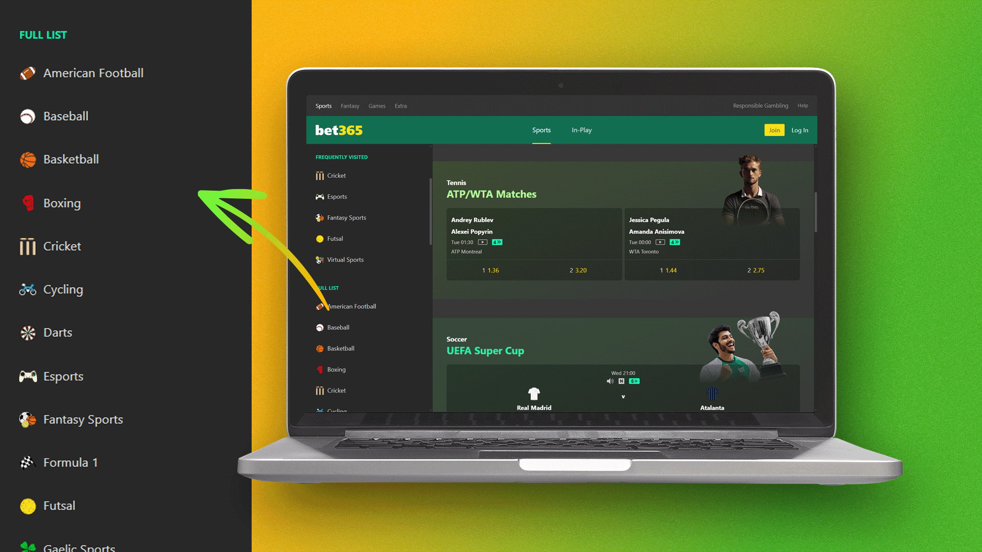 Choose a sport to bet on at Bet365