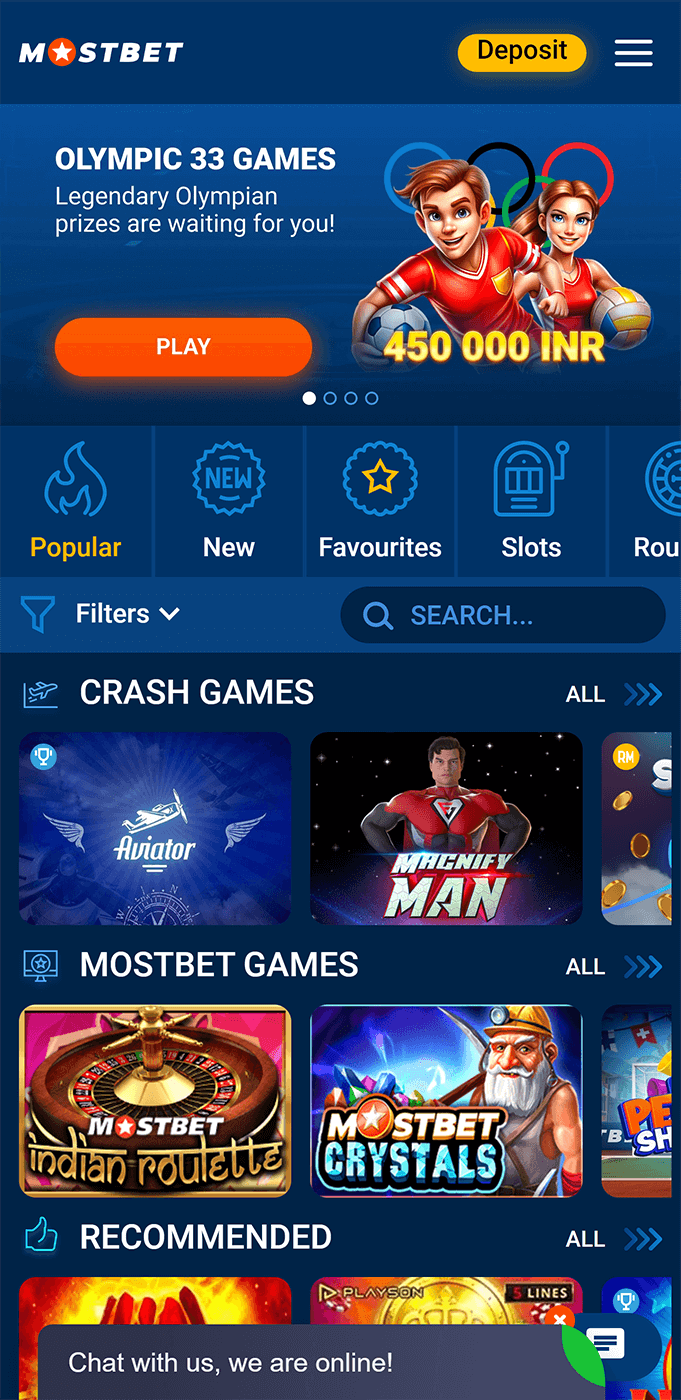 Screenshot of the casino section of the Mostbet app