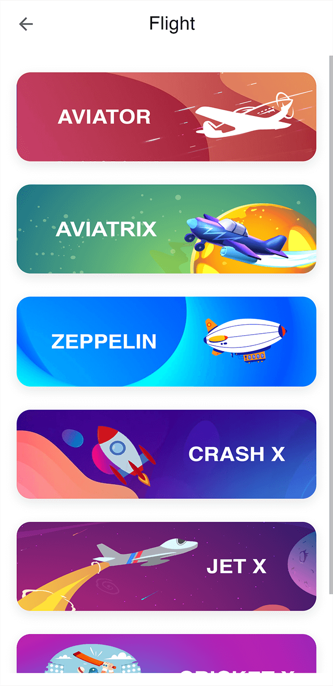 Screenshot of the crash games section in the Becric app