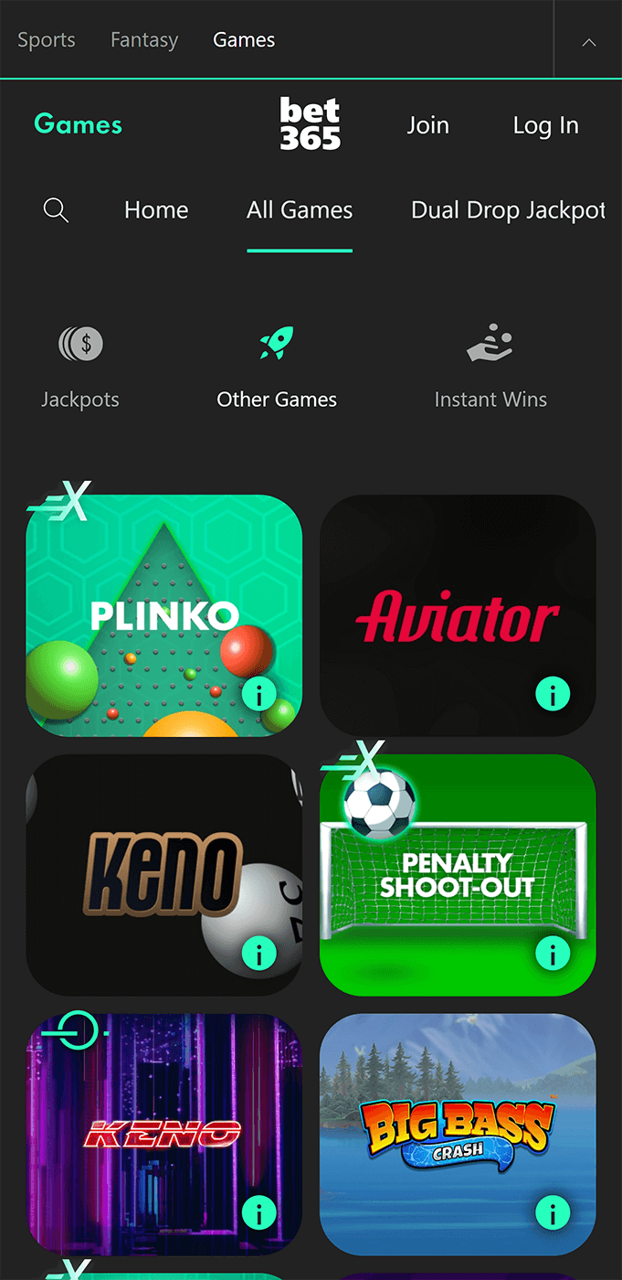 Screenshot of casino categories in Bet365 mobile app