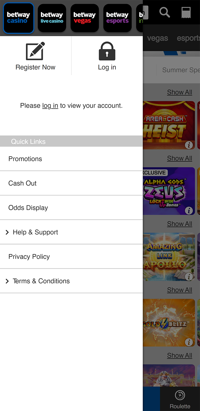 Screenshot of the hamburger menu in Betway app