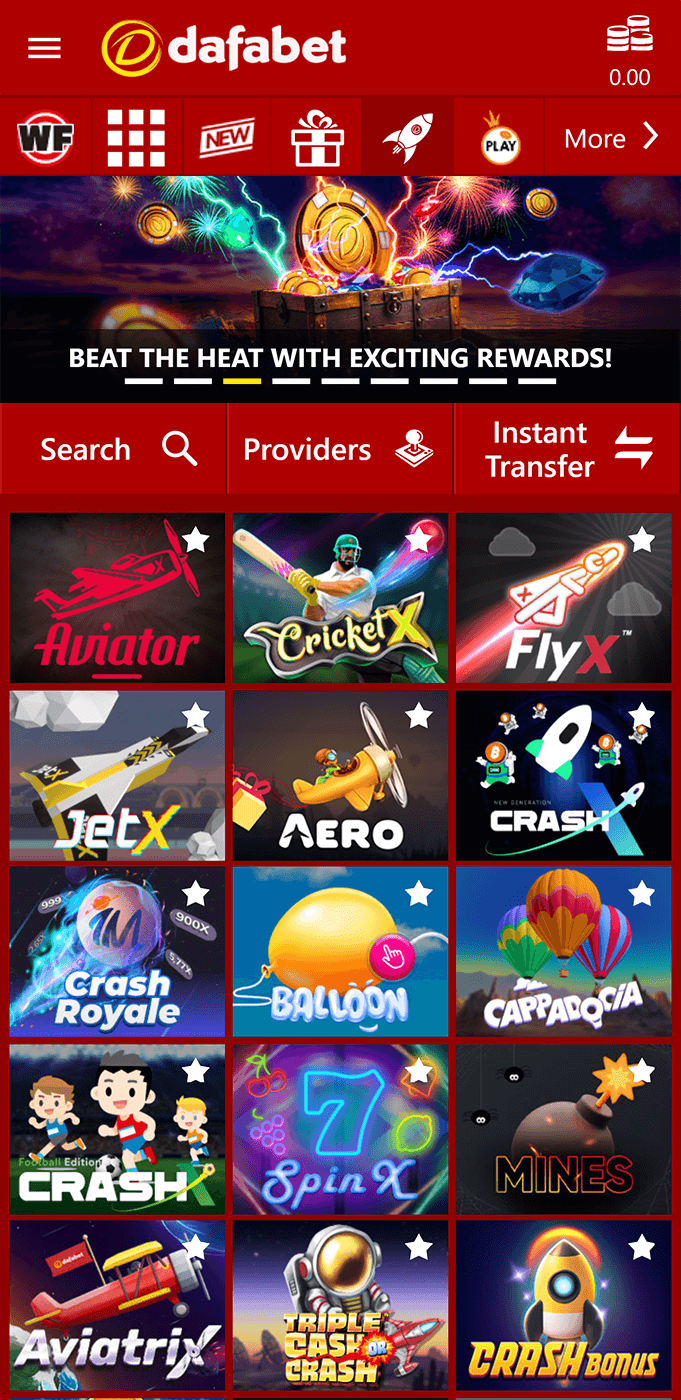 Screenshot of the crash games section of the Dafabet app