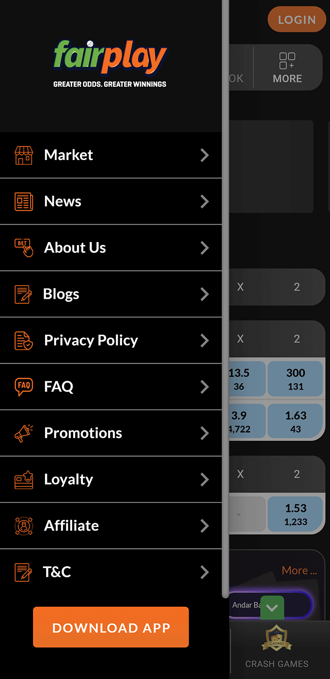 Screenshot of the hamburger menu in the Fairplay mobile app