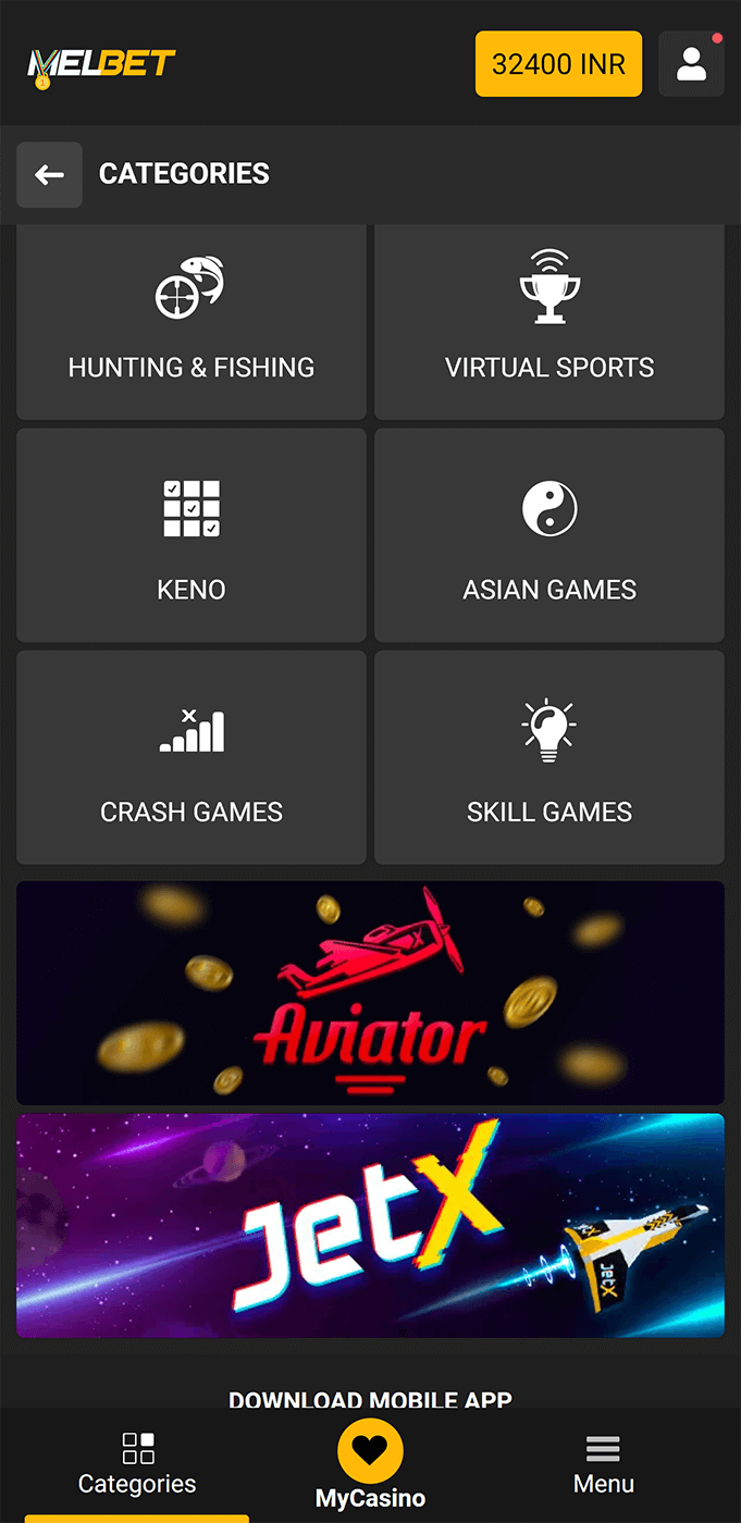 Screenshot of casino categories in Melbet mobile app