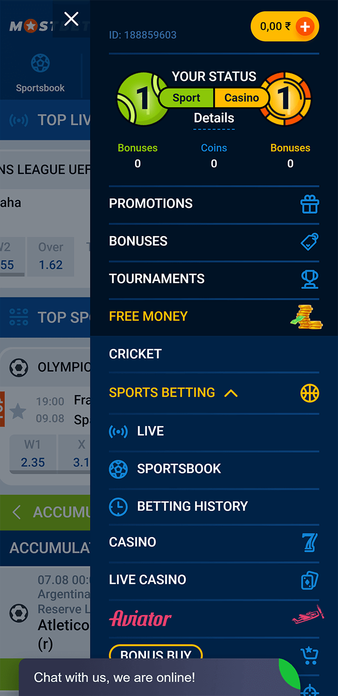 Screenshot of the hamburger menu in Mostbet app