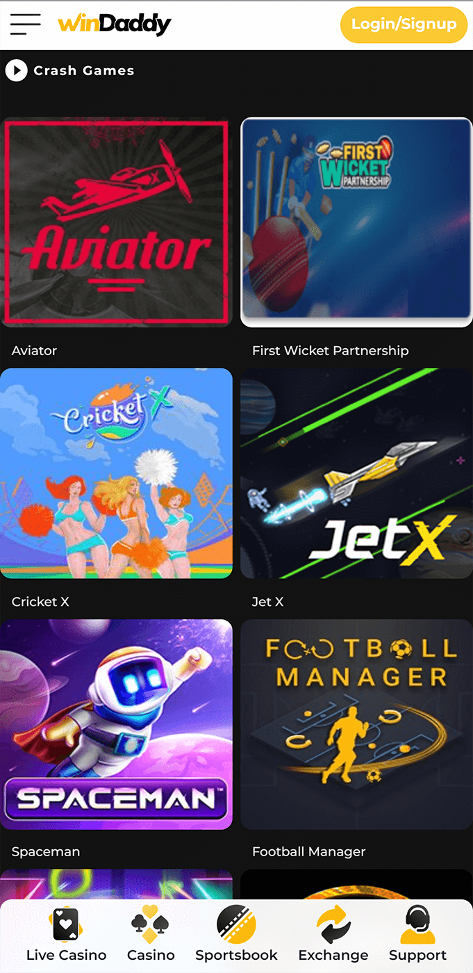 Screenshot of the section with crashing games in the Windaddy mobile app