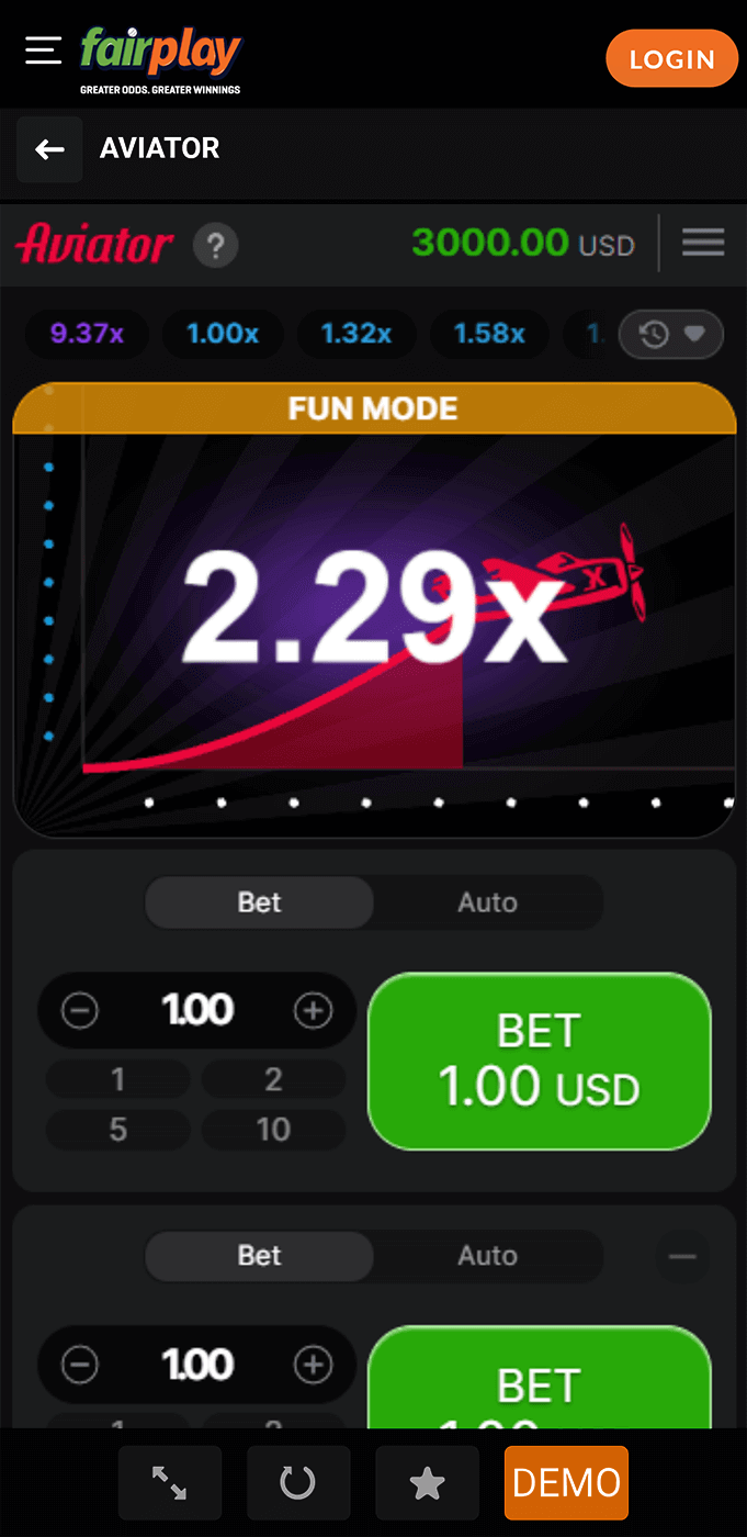 Screenshot of the main page of the Aviator game in the Fairplay mobile app