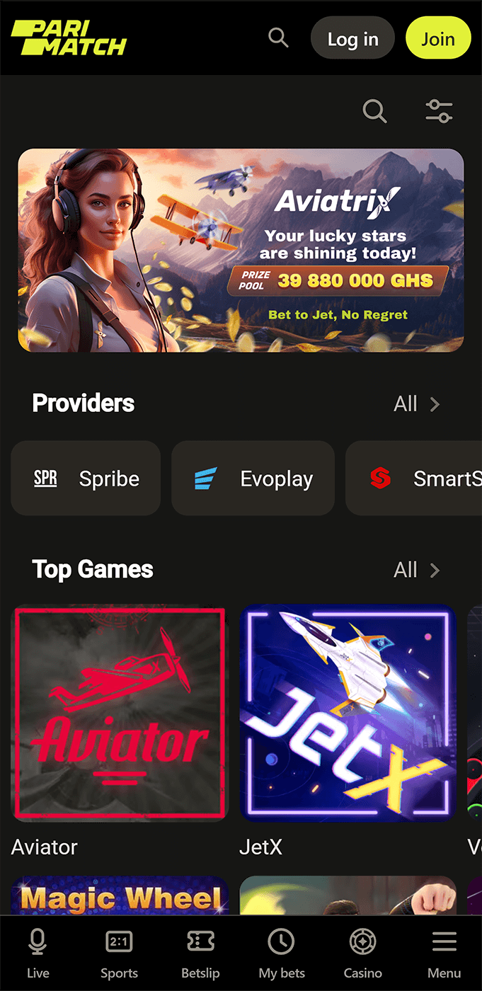 Screenshot of the casino section of the Parimatch app