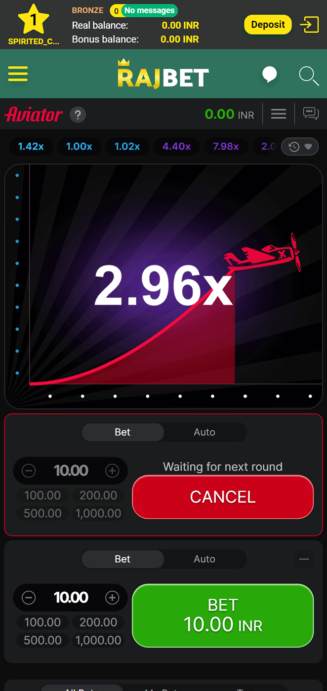 Screenshot of the home page in the Aviator game in the Rajbet mobile app