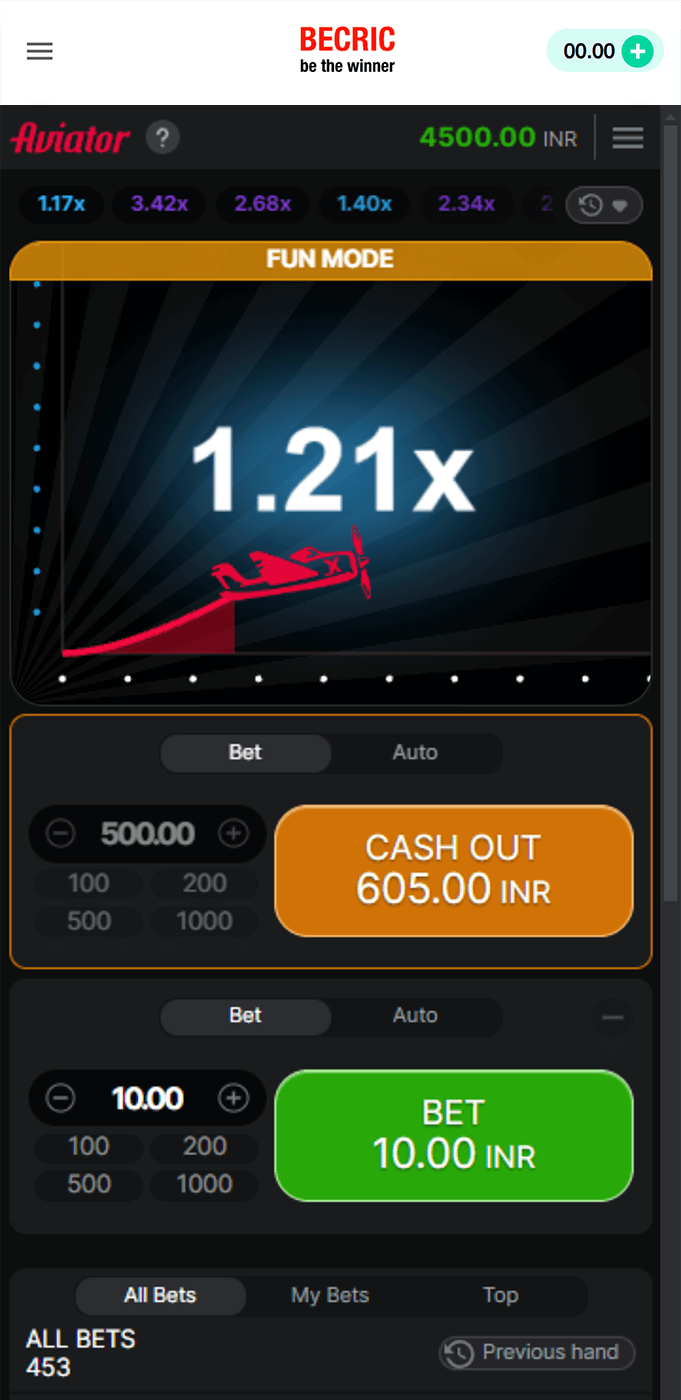 Screenshot of active bet in Aviator Becric