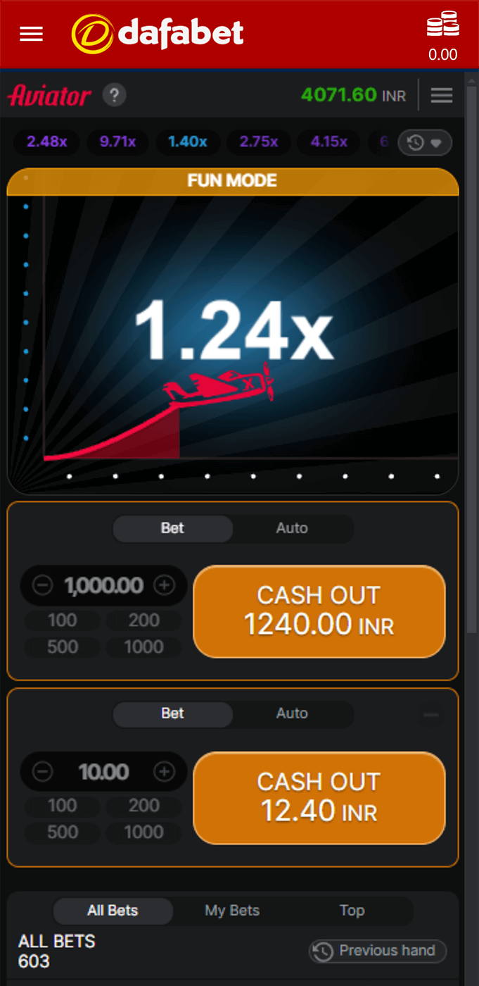 Screenshot with betting in the Aviator Dafabet game