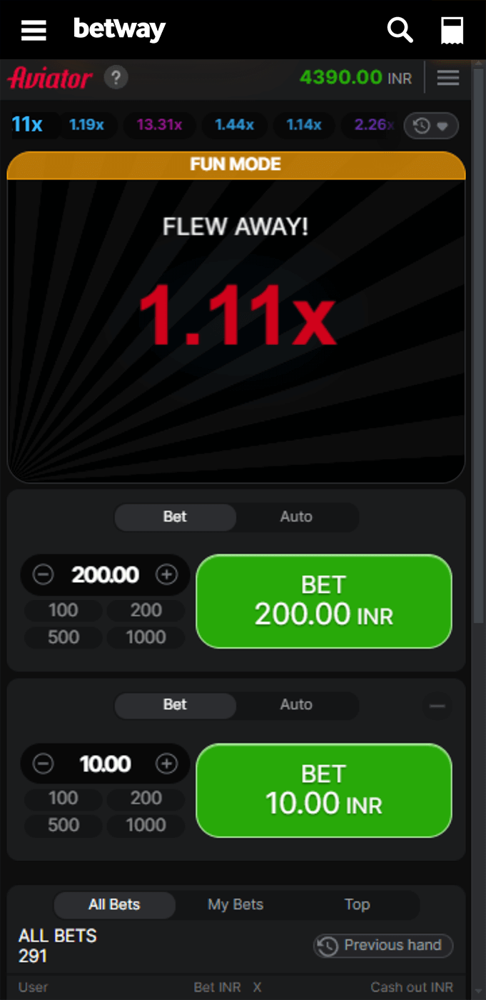 Screenshot with unsuccessful bet in Aviator game in Betway app