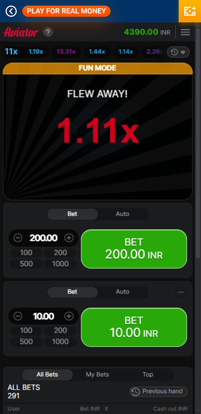 Screenshot with unsuccessful bet in Aviator game in Mostbet app