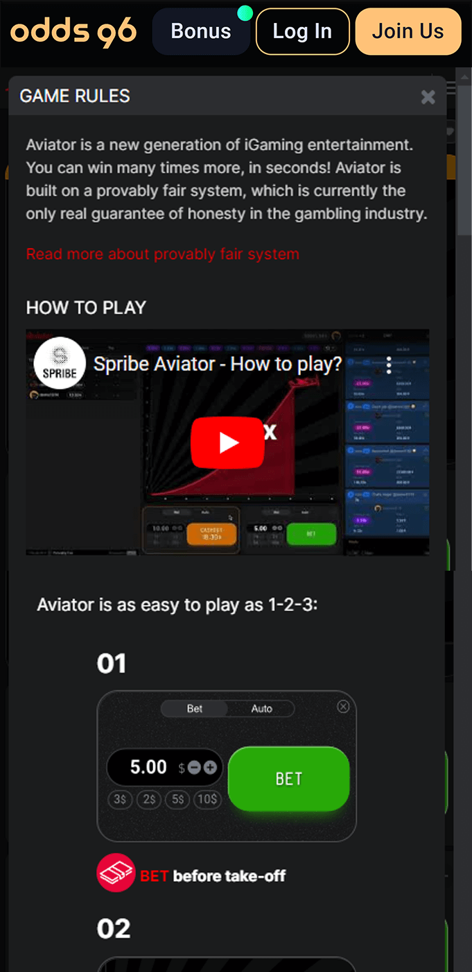 Screenshot of Aviator game rules section in Odds96 app