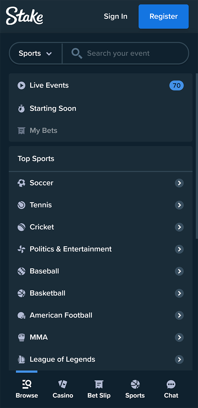 Sports menu on the Stake App