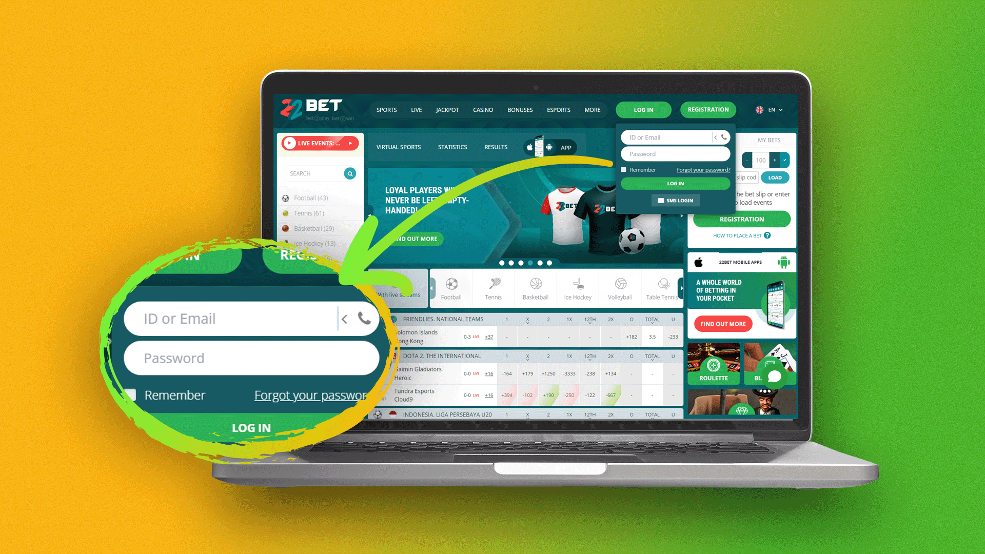 Fill in your 22bet login details