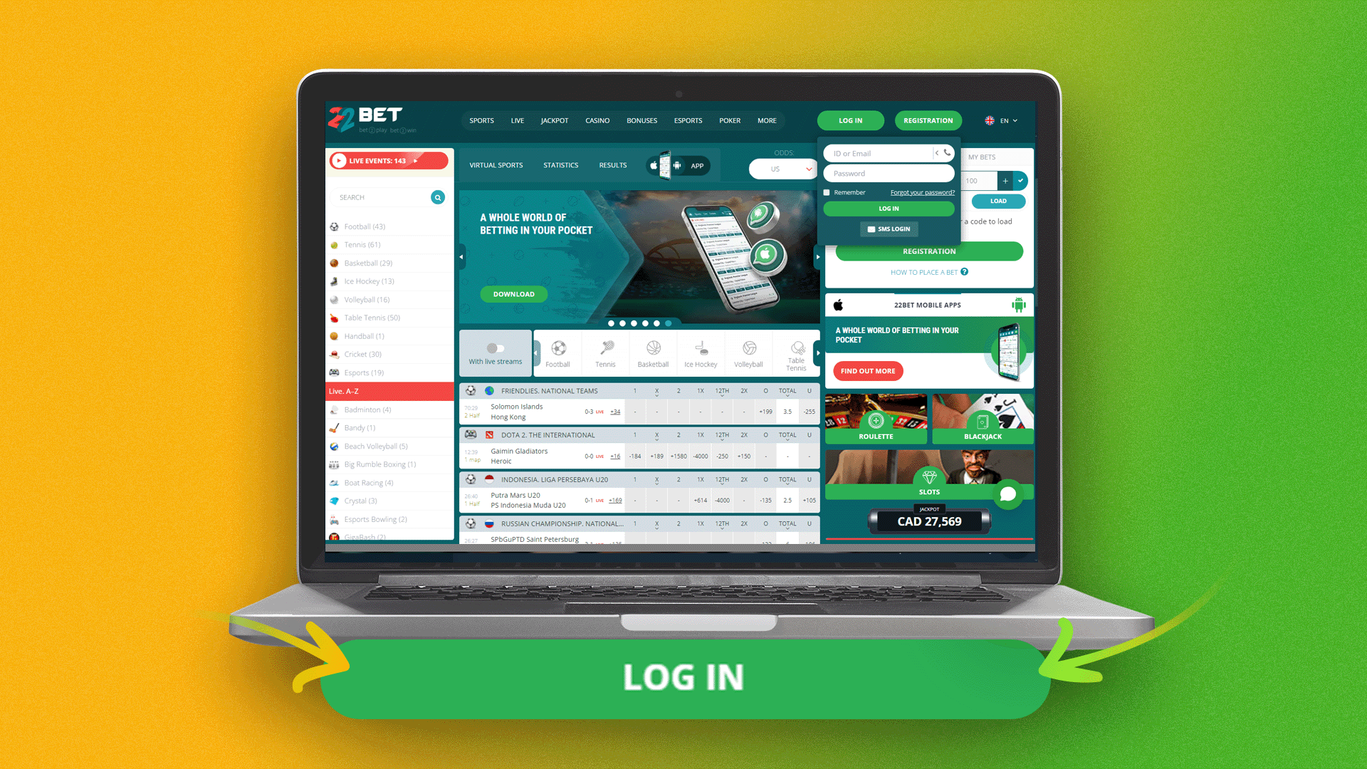 Click the button to confirm logging into 22bet