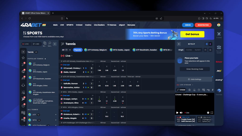 4raBet is a sportsbook where you can bet on tennis matches