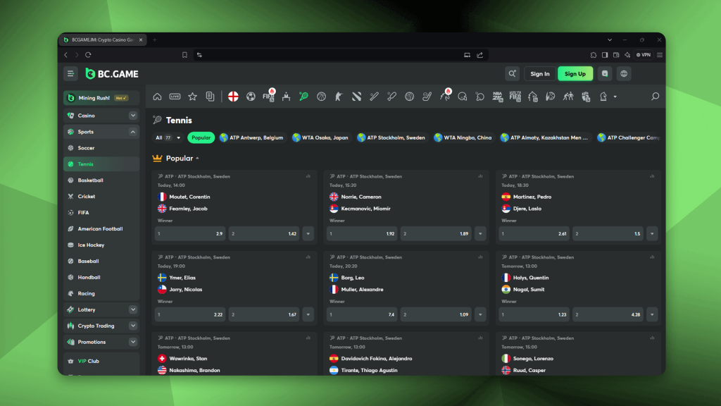 BC.Game is a sportsbook where you can bet on tennis matches