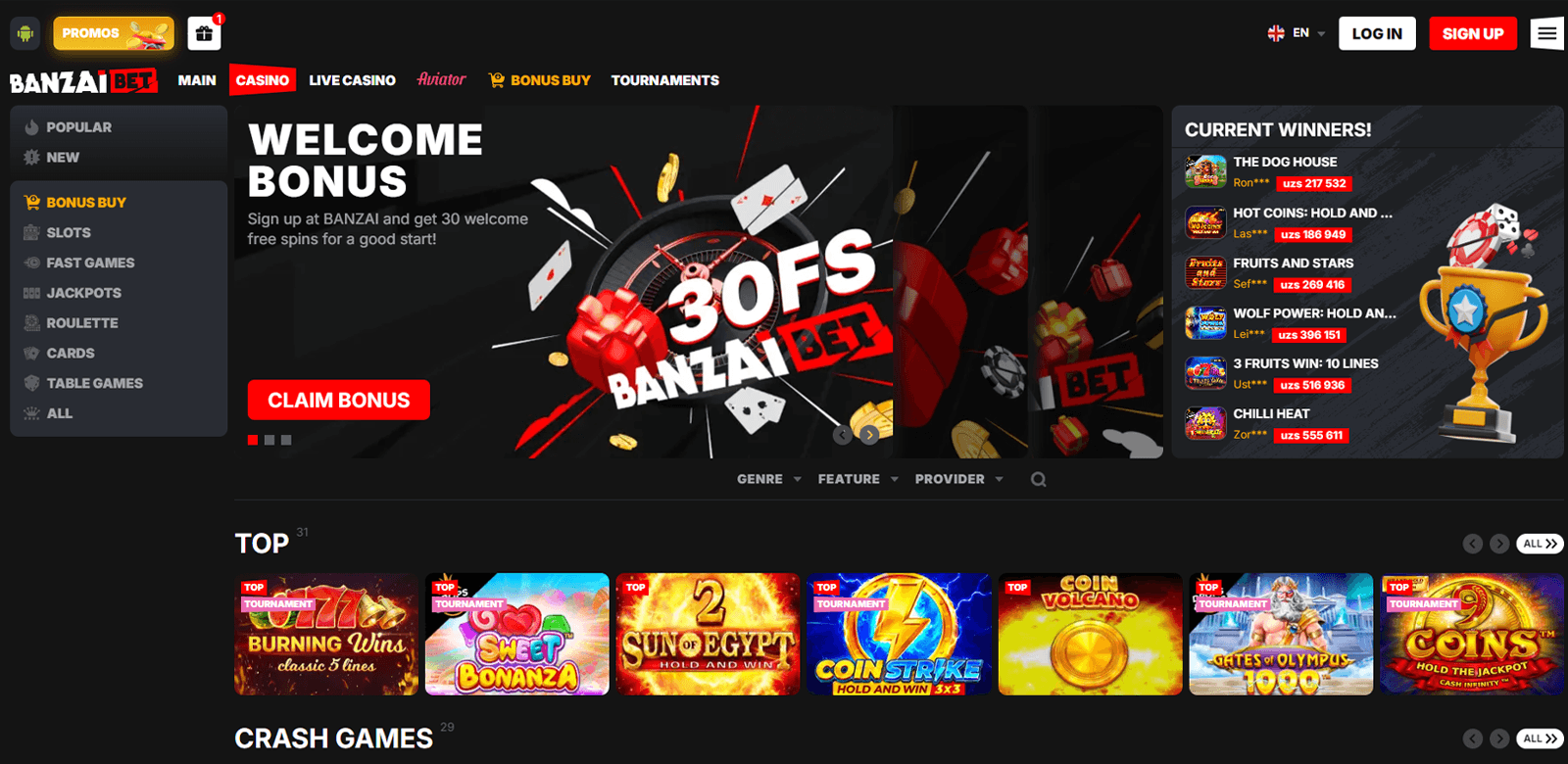 Page with casino in betting site Banzaibet