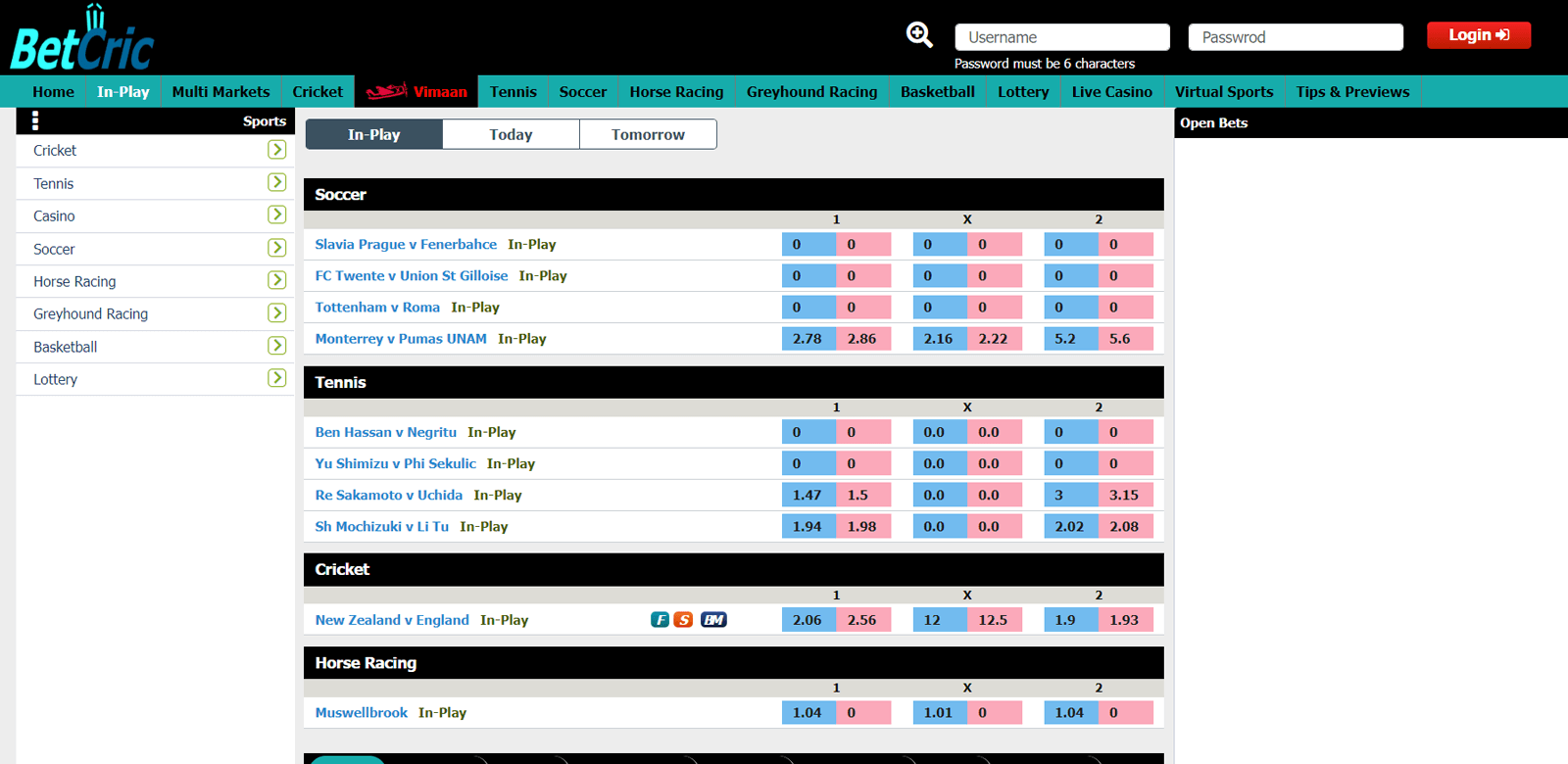 Screenshot of the page with live sports betting on Betcric bookmaker's website