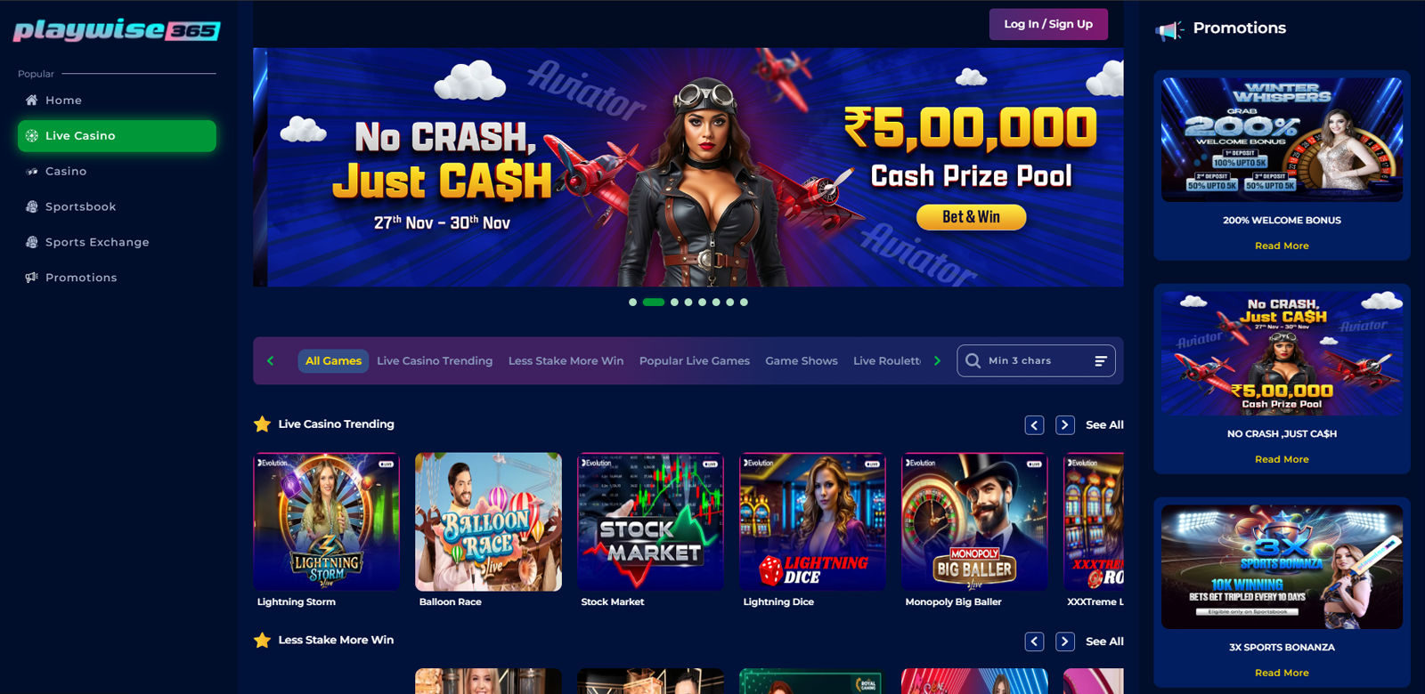 Screenshot of the live casino page at Playwise365 betting company