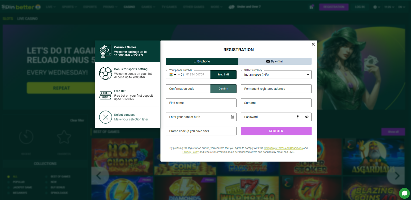 Screenshot of the registration page of the Spinbetter bookmaker website