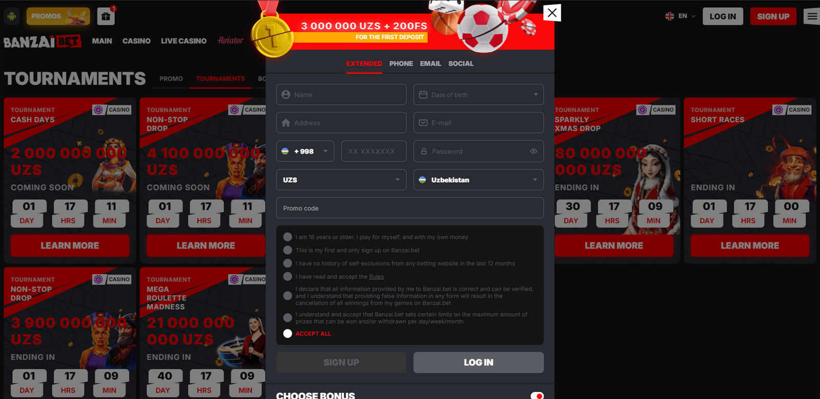 Registration page in the betting site Banzaibet