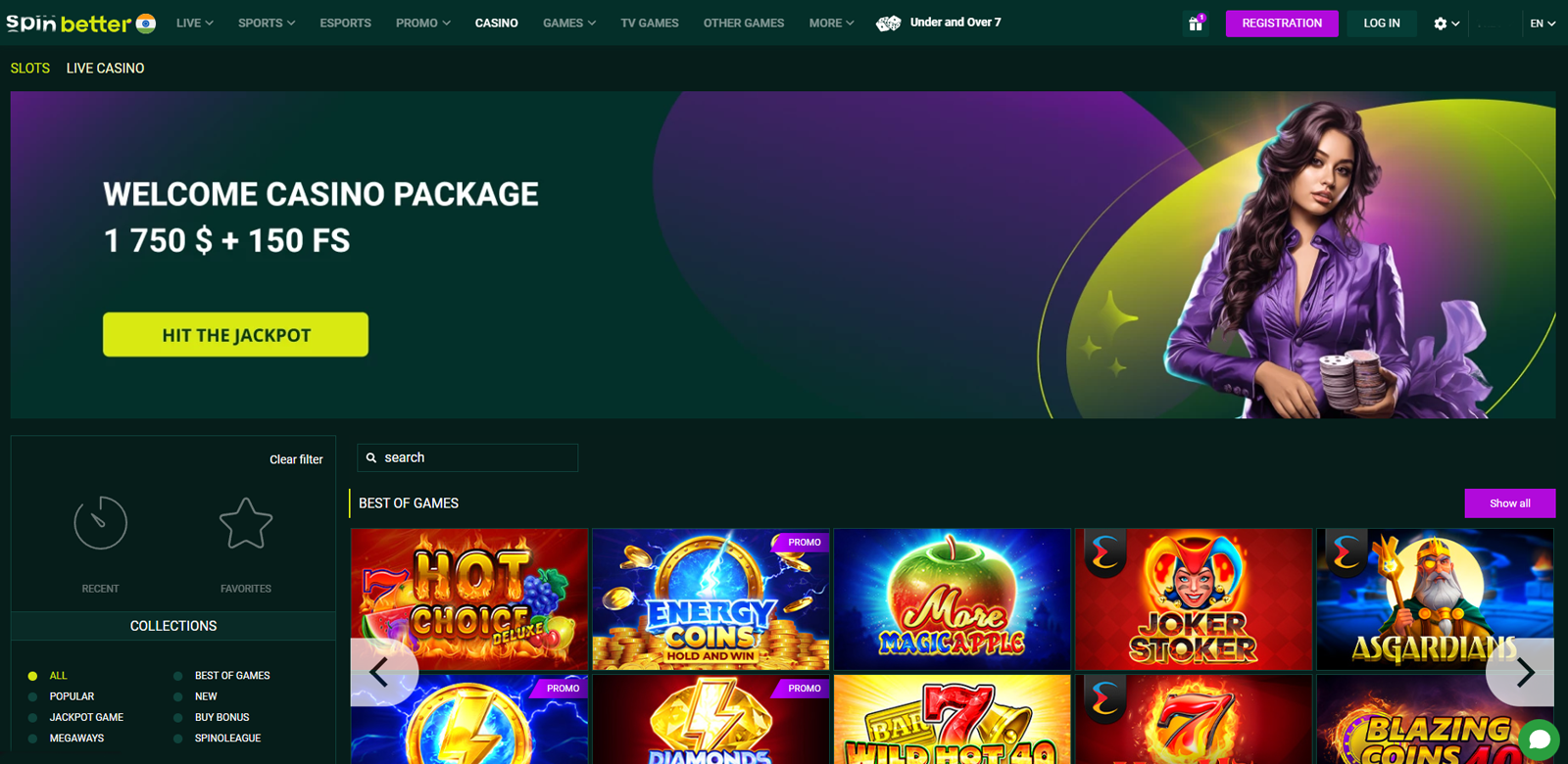 Screenshot of the casino page at Spinbetter betting site