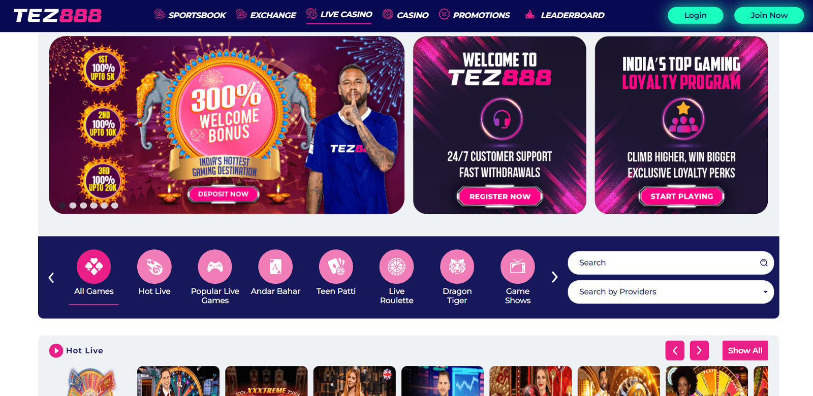 Screenshot of the live casino page at tez888 betting company