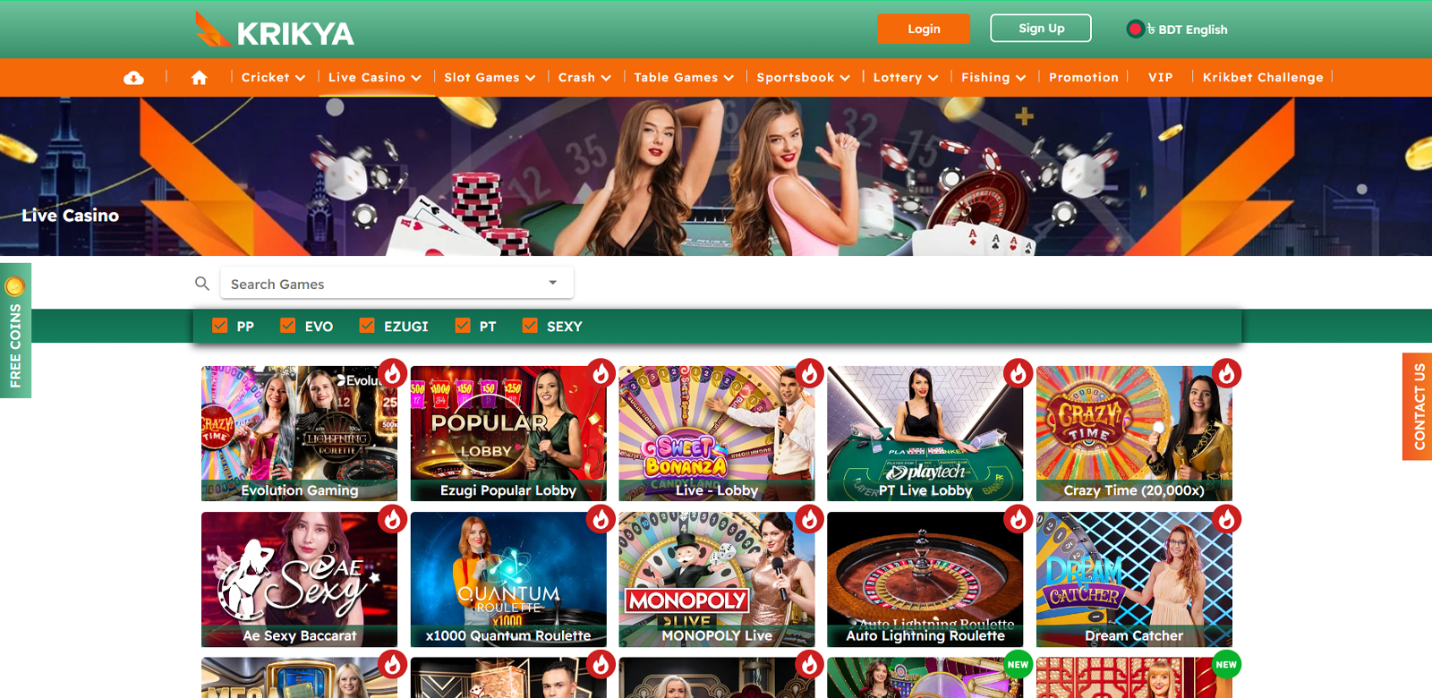 Screenshot of the live casino page at krikya betting company