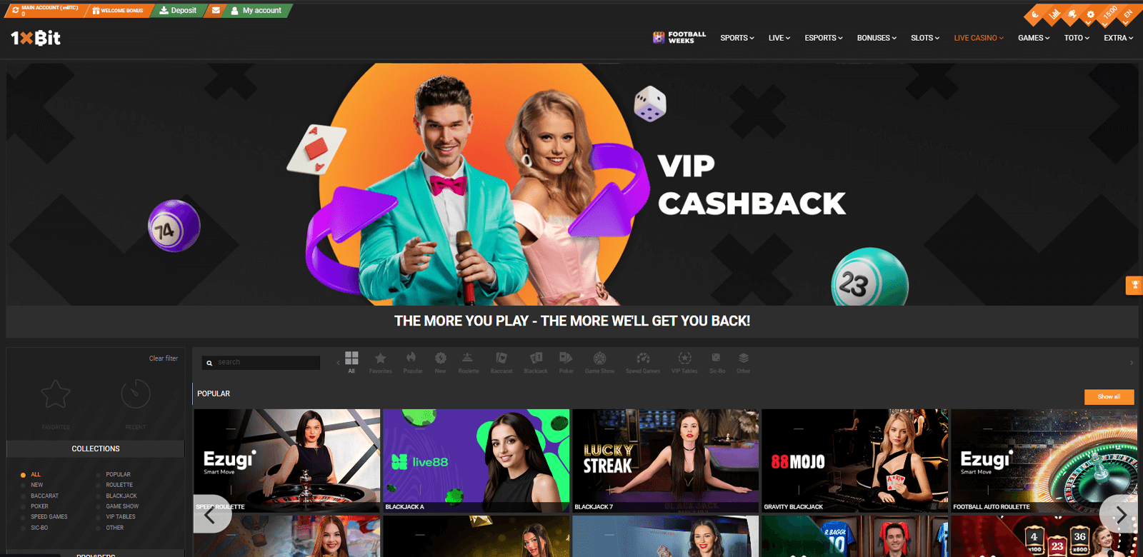 Live casino page at 1xBit betting site