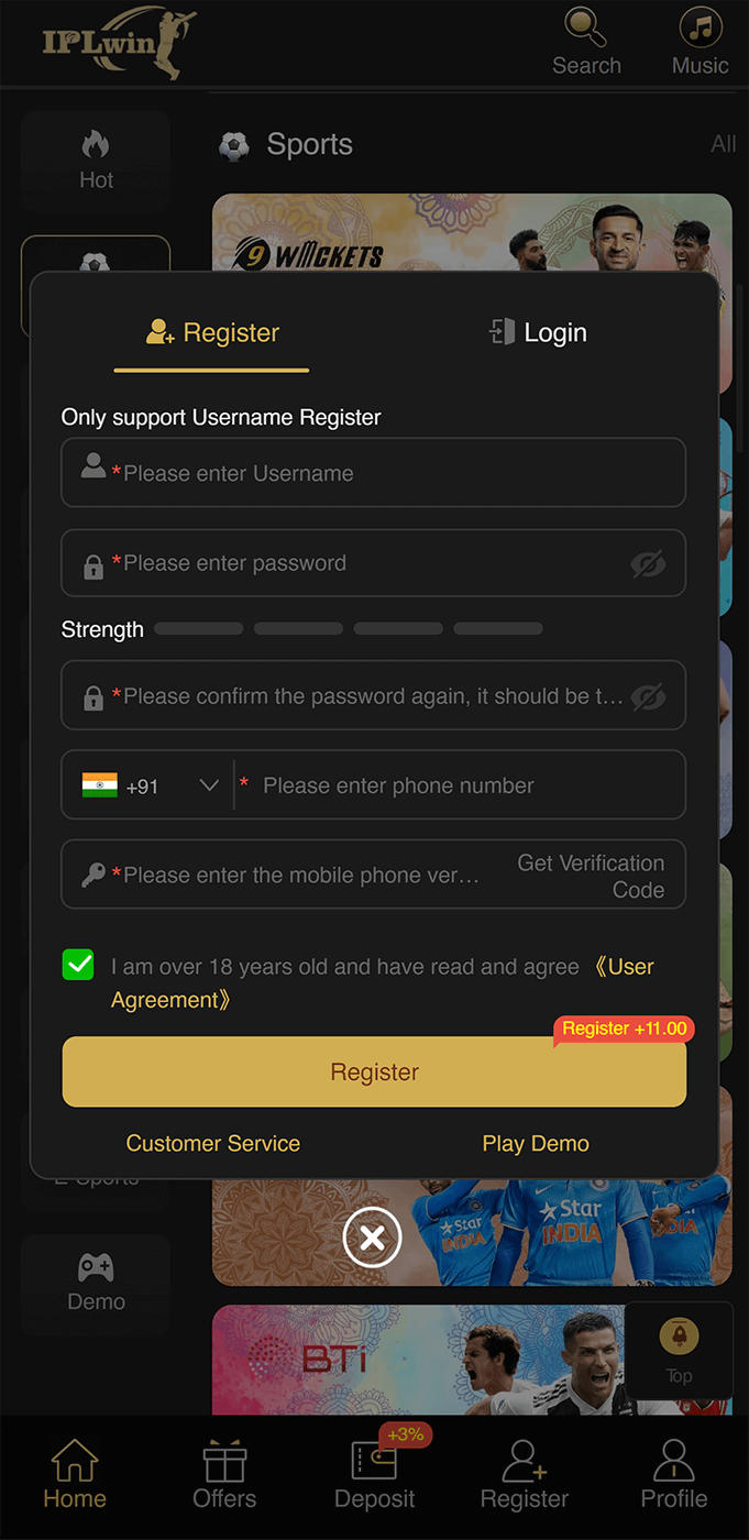 IPLwin app registration page