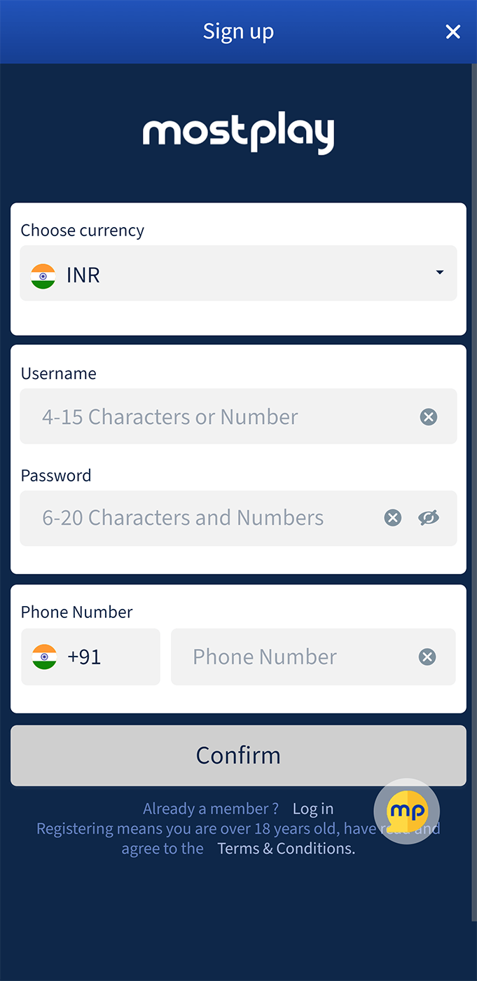 Mostplay app registration page