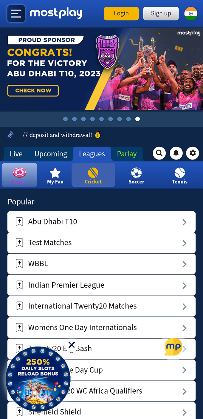 Sports betting section in the Mostplay app