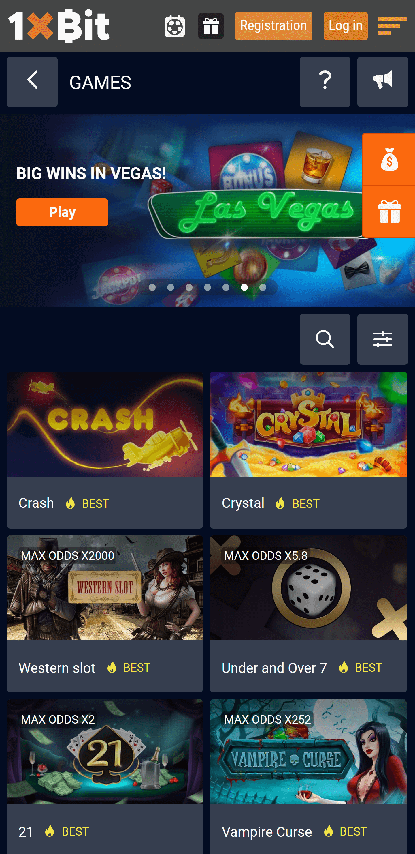 Casino section in the 1xbit app