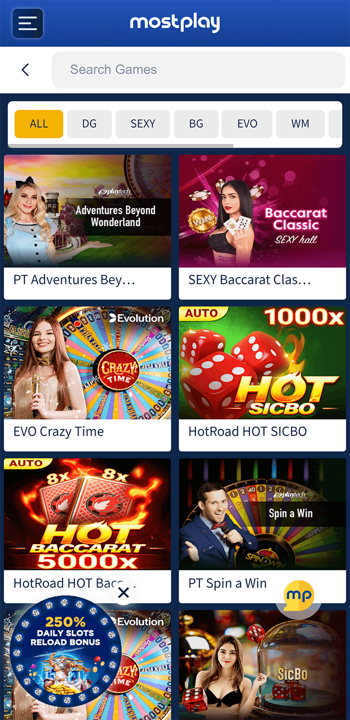 Casino section in the Mostplay app